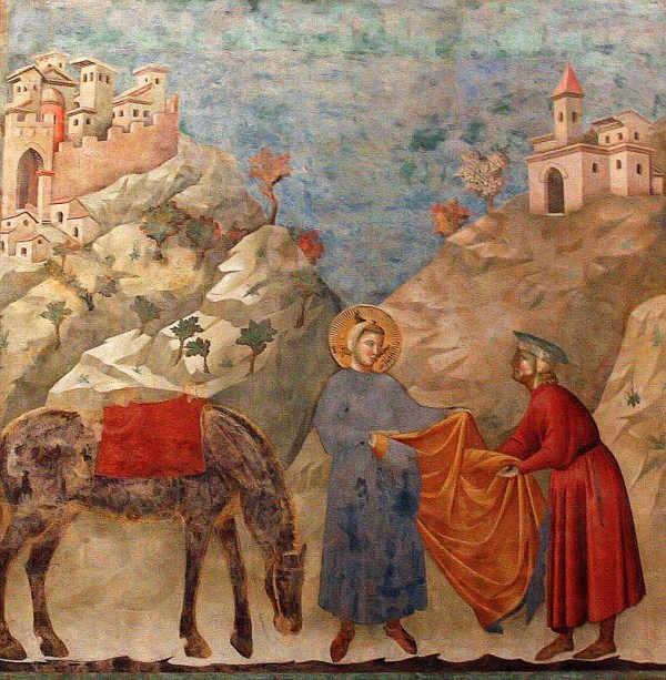 Freske av Frans av Assisi som gir bort kappen til en fattig